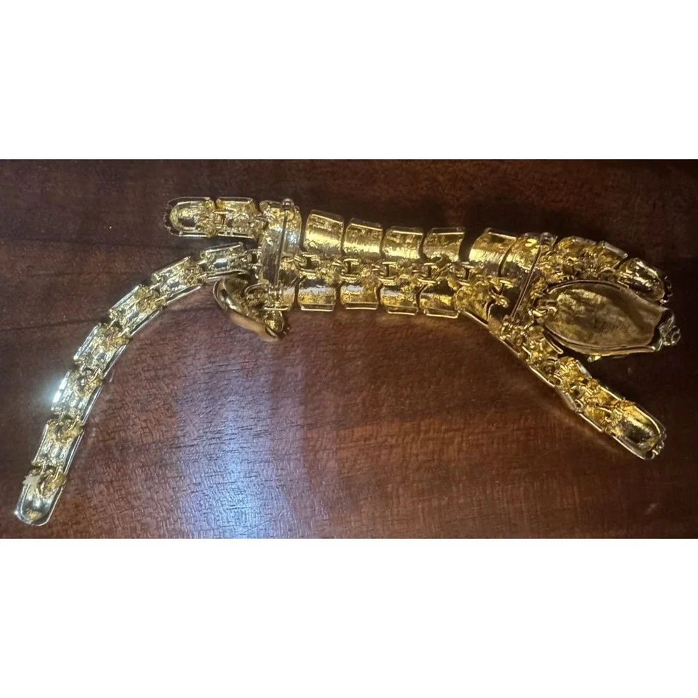 Vintage Articulated Panther Leopard Brooch Gold Tone Green Eyes Statement Jewelr
